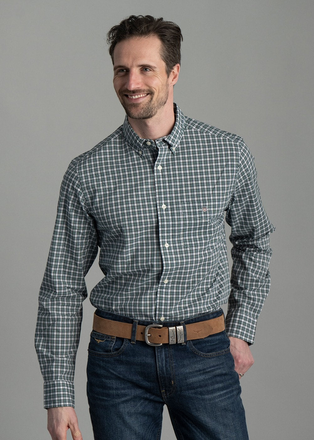 Poplin Small Check Shirt - Deep Forest Green - 2