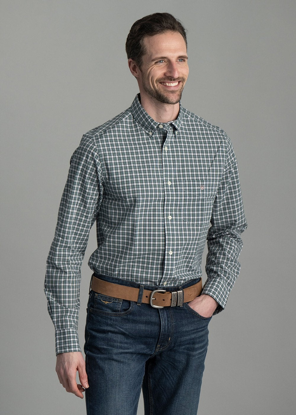 Poplin Small Check Shirt - Deep Forest Green - 3