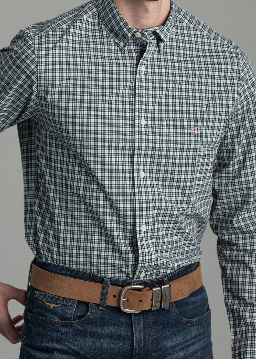 Poplin Small Check Shirt - Deep Forest Green - 4