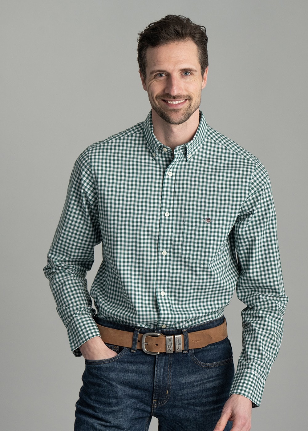 Poplin Gingham Shirt - Deep Forest Green - 1