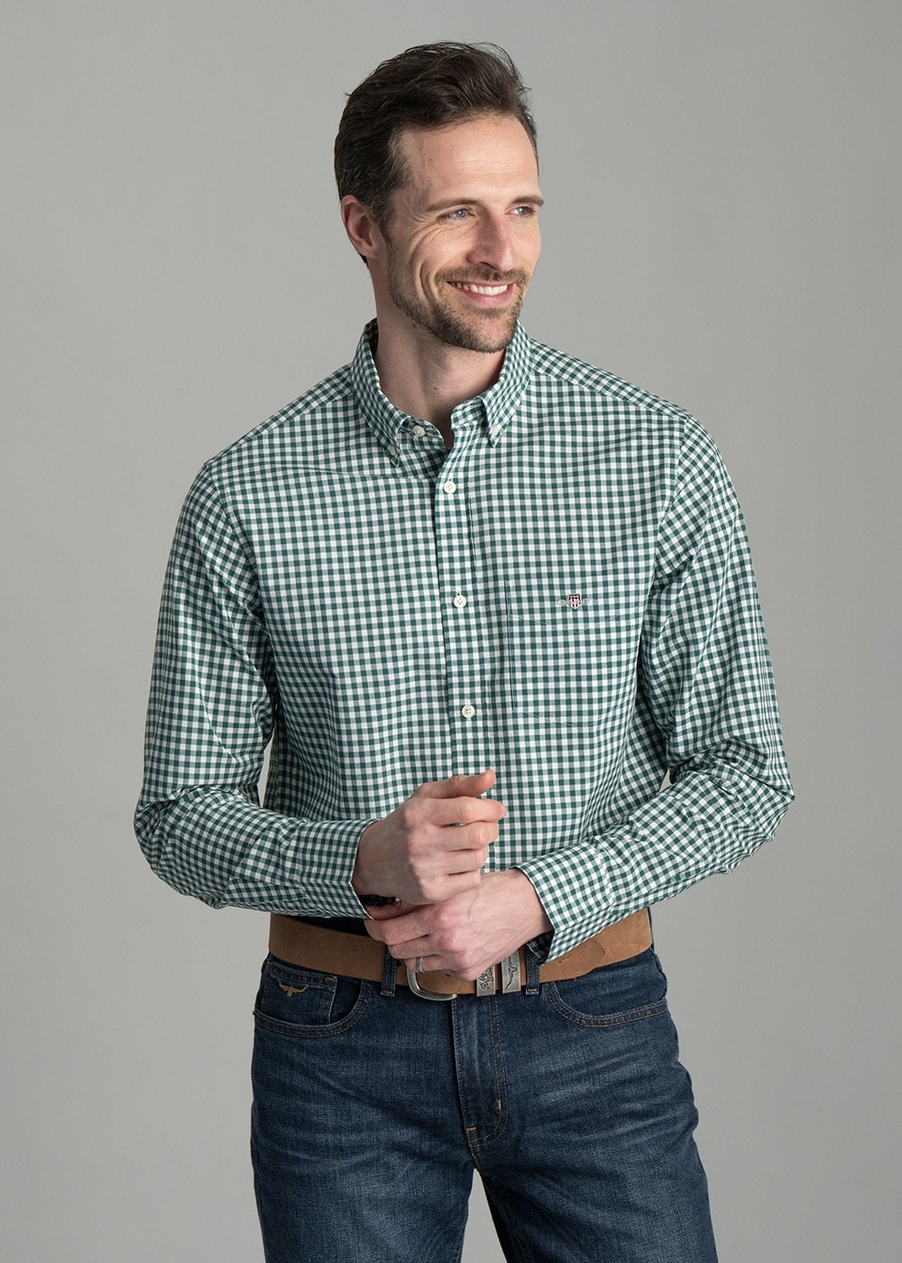 Poplin Gingham Shirt - Deep Forest Green - 2