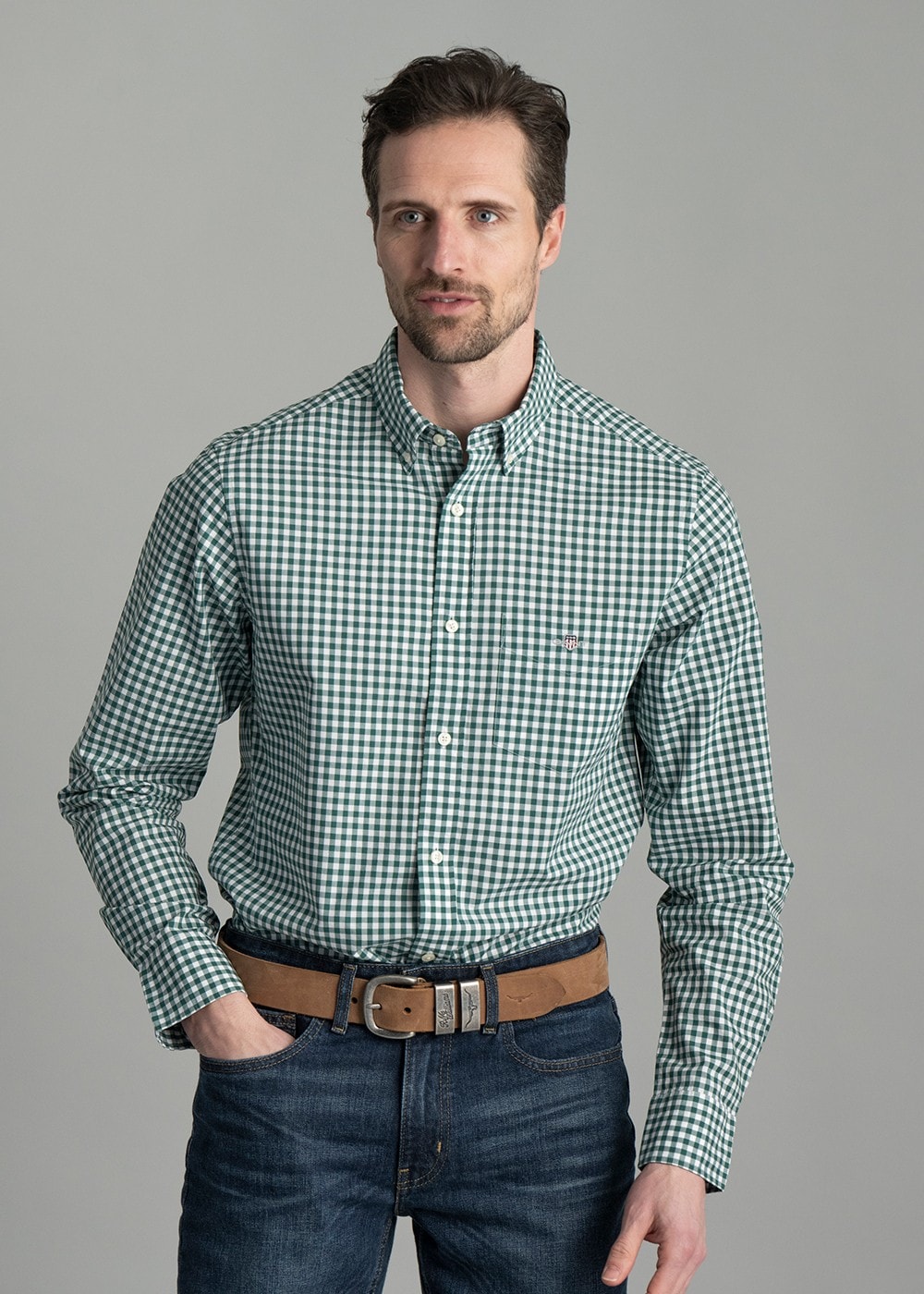 Poplin Gingham Shirt - Deep Forest Green - 3