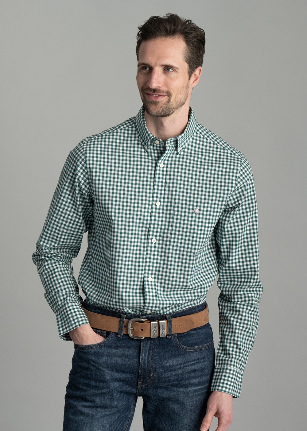 Poplin Gingham Shirt - Deep Forest Green - 5