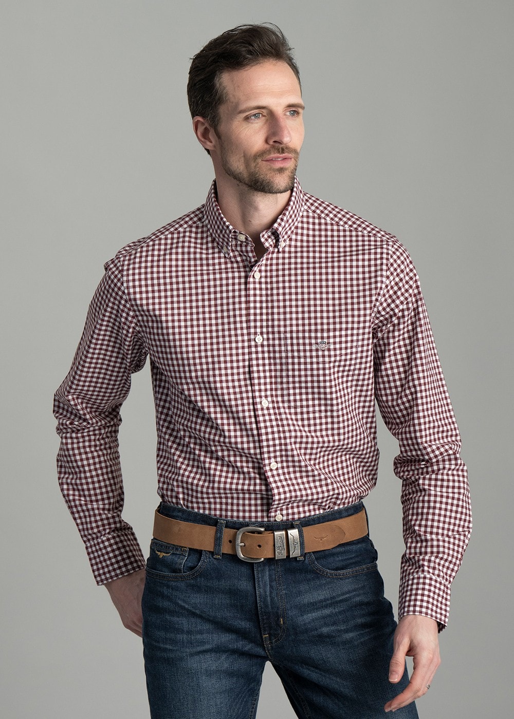 Poplin Gingham Shirt - Wine Red - 1