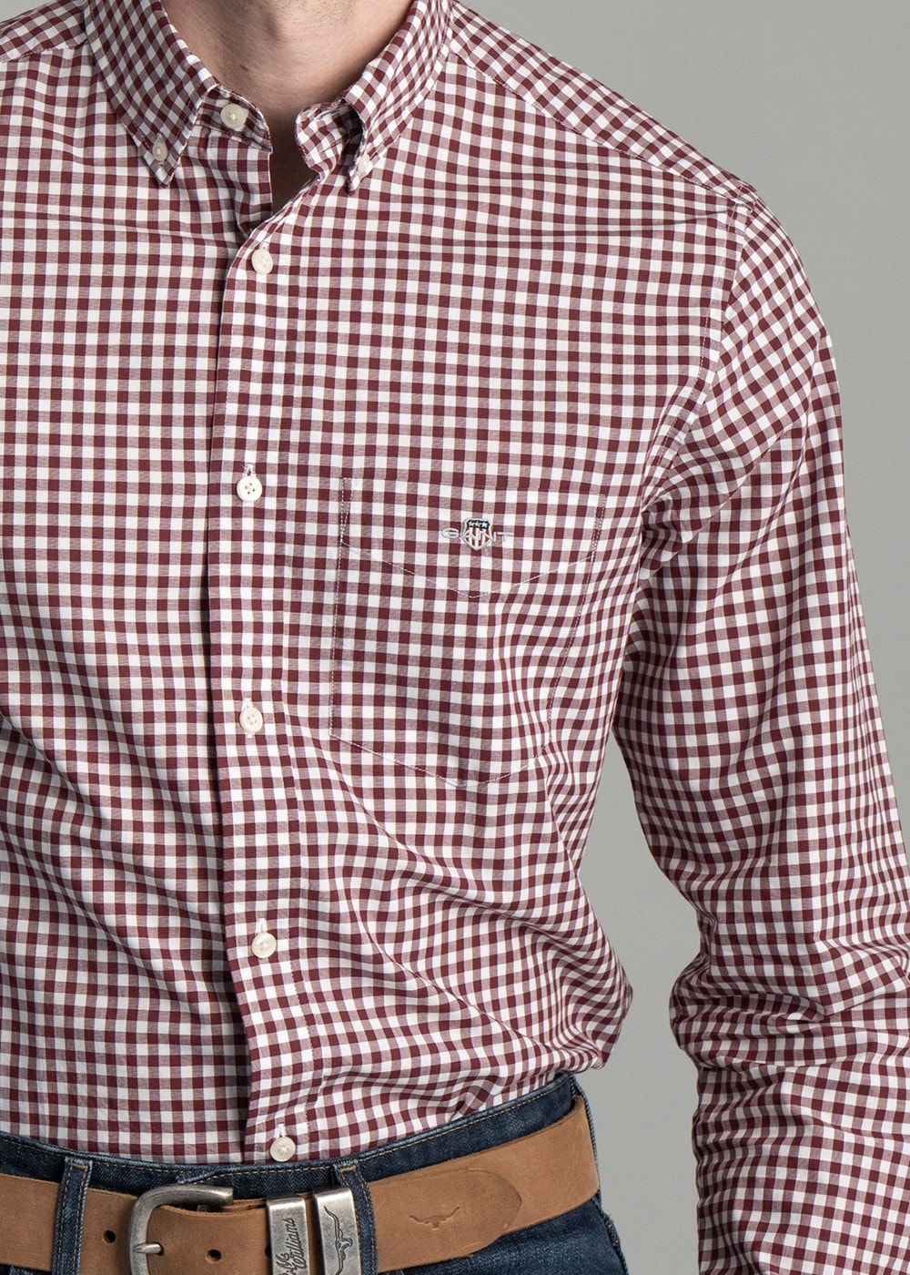 Poplin Gingham Shirt - Wine Red - 3