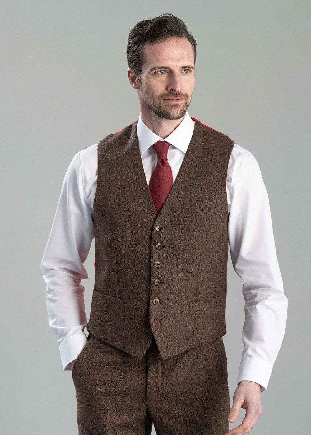 Kimmerston Tweed Waistcoat - Coffee Twill with Blue and Red Check - 1