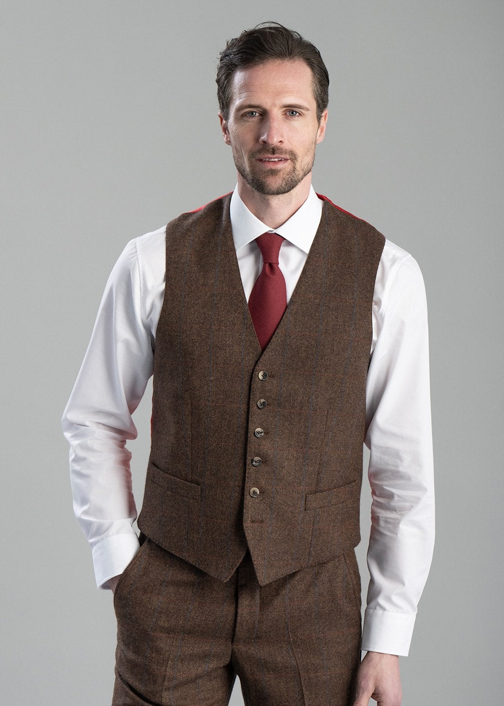 Kimmerston Tweed Waistcoat - Coffee Twill with Blue and Red Check - 2