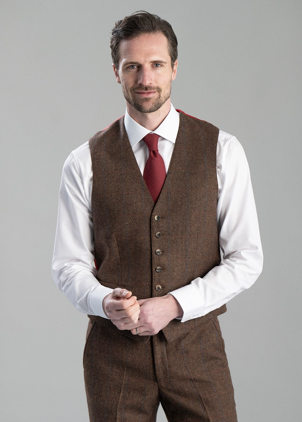 Kimmerston Tweed Waistcoat - Coffee Twill with Blue and Red Check - 3