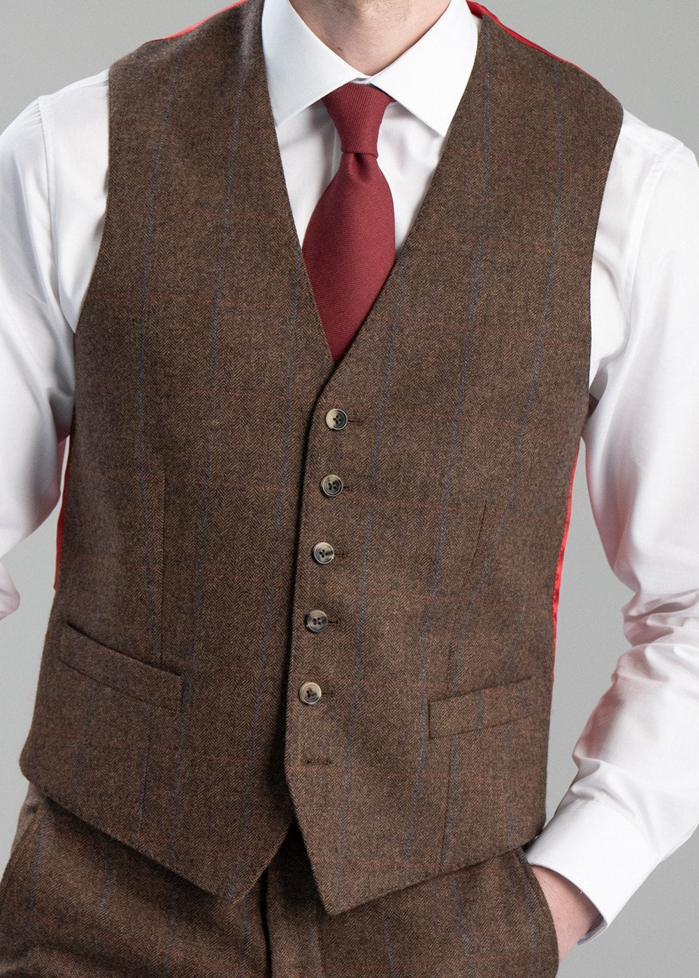 Kimmerston Tweed Waistcoat - Coffee Twill with Blue and Red Check - 4