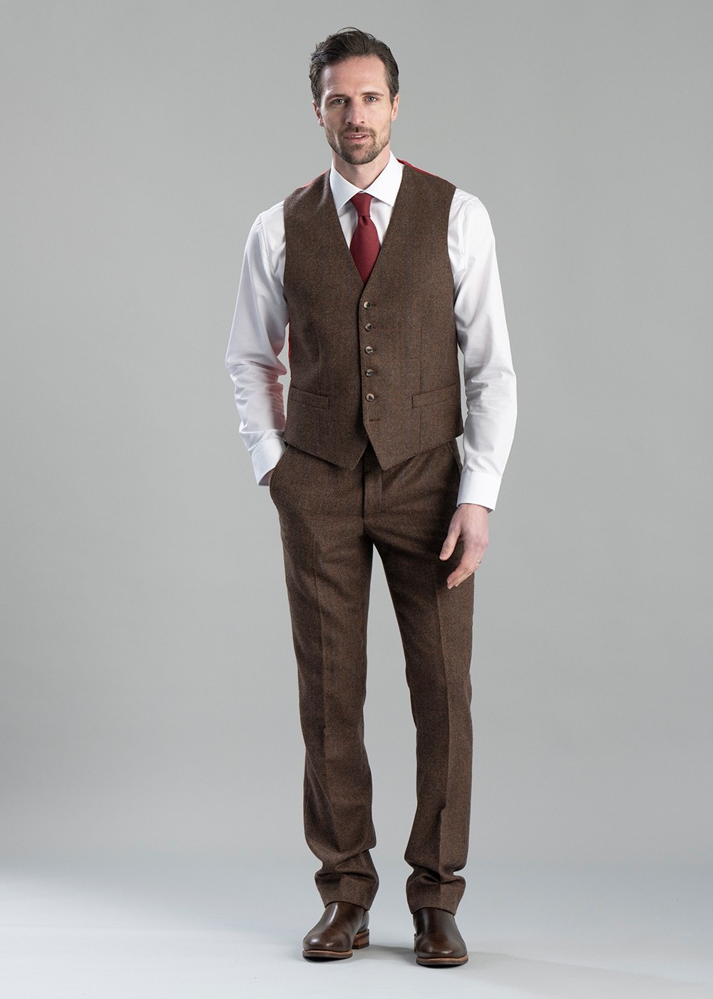 Kimmerston Tweed Waistcoat - Coffee Twill with Blue and Red Check - 5