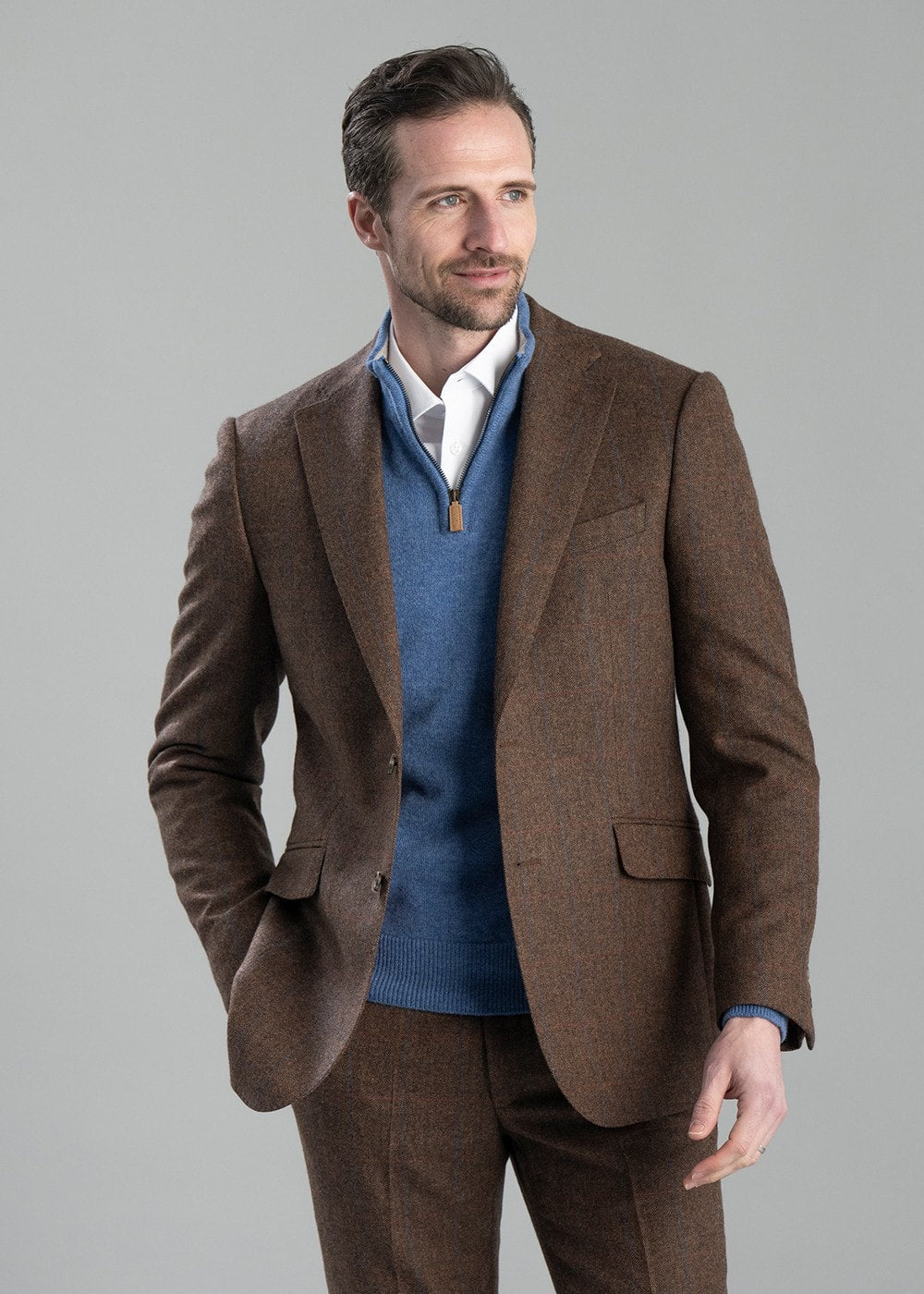 Kimmerston Tweed Jacket - Coffee Twill with Blue and Red Check - 1