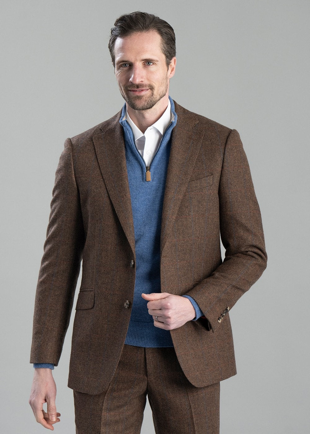 Kimmerston Tweed Jacket - Coffee Twill with Blue and Red Check - 3