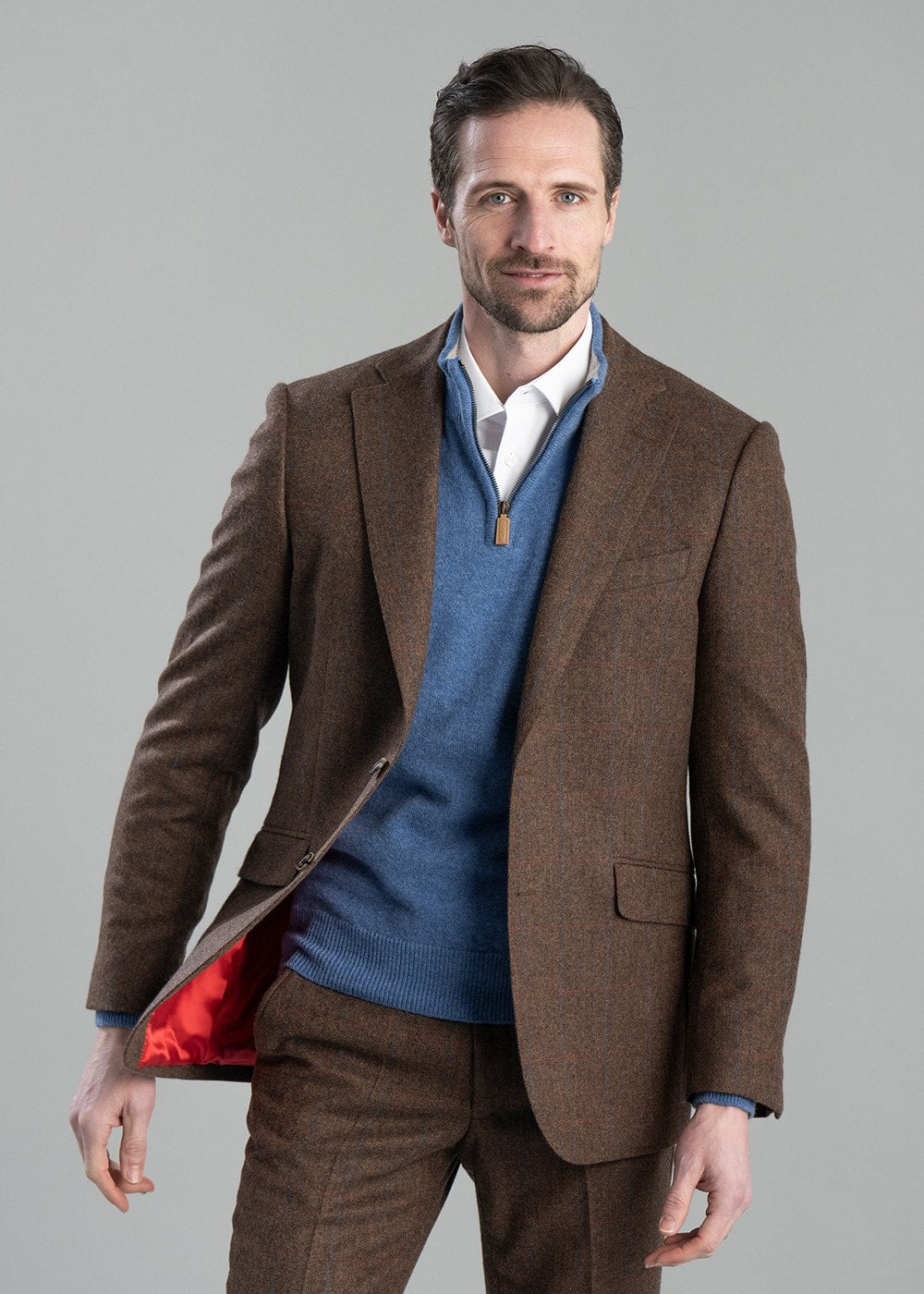 Kimmerston Tweed Jacket - Coffee Twill with Blue and Red Check - 4