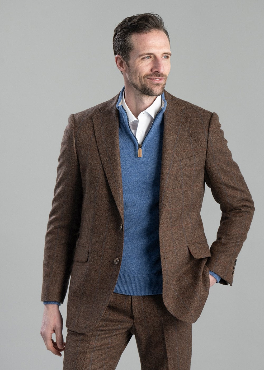 Kimmerston Tweed Jacket - Coffee Twill with Blue and Red Check - 5