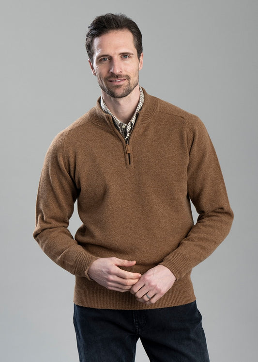 Lambswool 2 Ply Zip Neck - Driftwood with Rosemary - 1