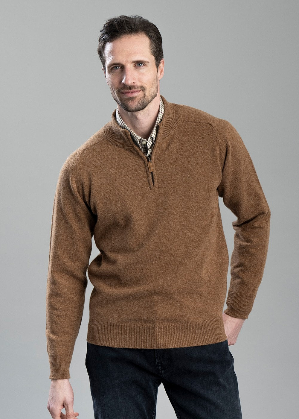 Lambswool 2 Ply Zip Neck - Driftwood with Rosemary - 4