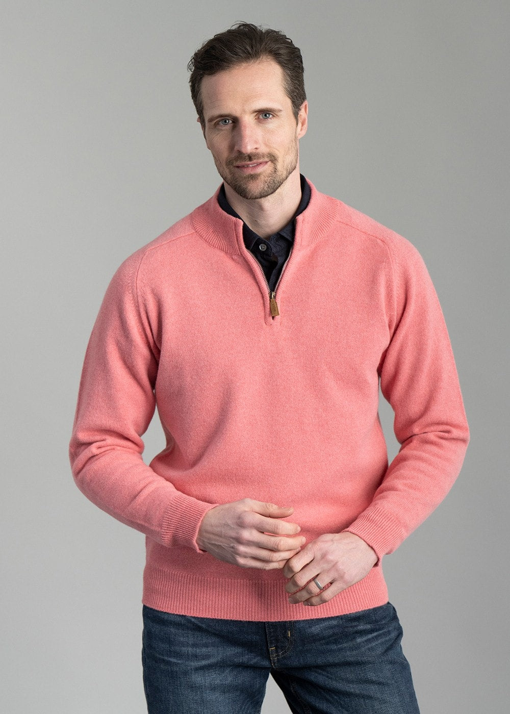 Lambswool 2 Ply Zip Neck - Bubblegum with Jeans - 1