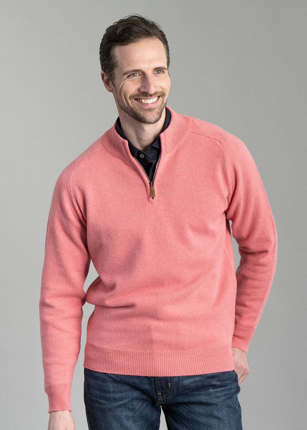 Lambswool 2 Ply Zip Neck - Bubblegum with Jeans - 3