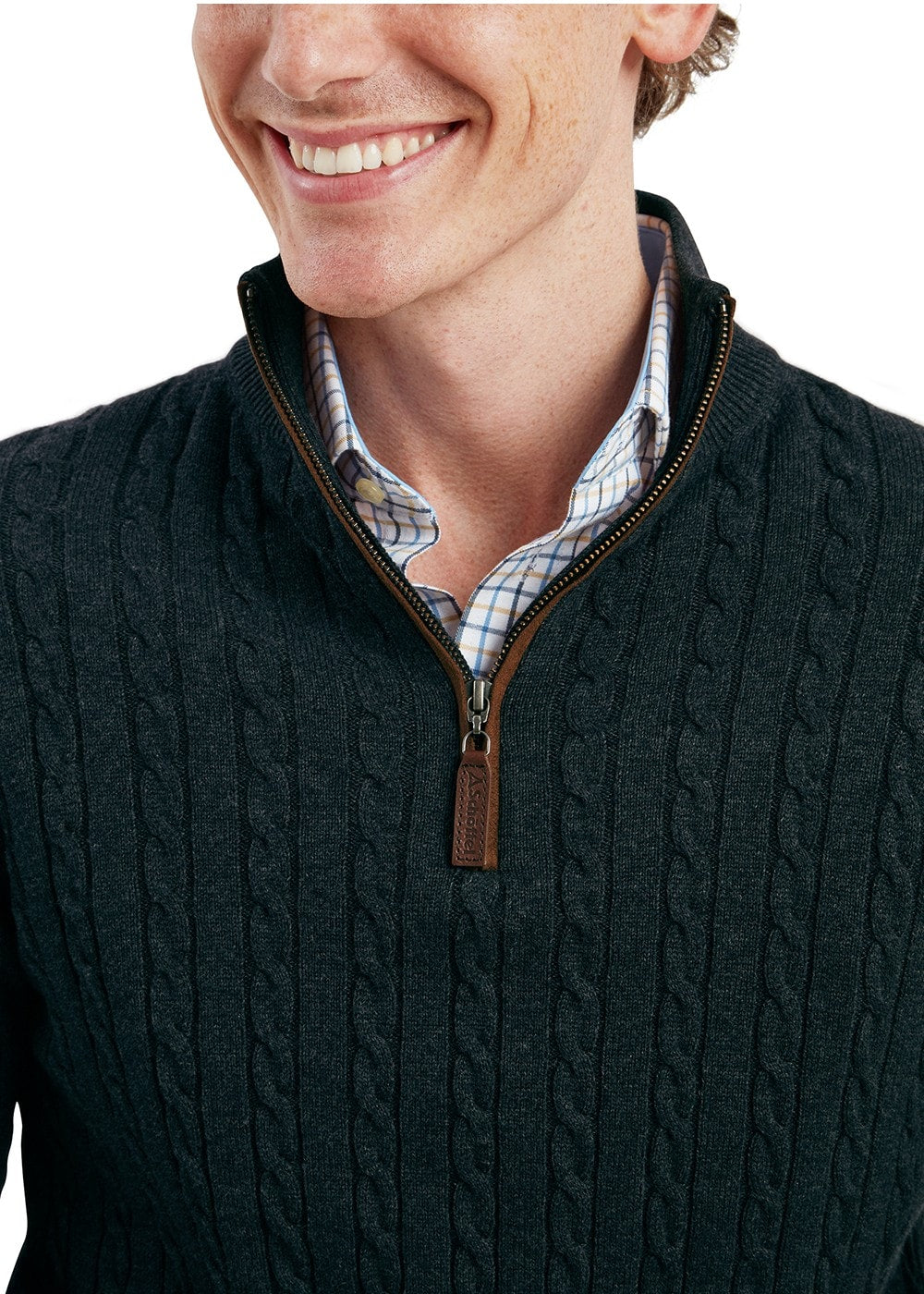 Calton Cotton Cashmere Cable 1/4 Zip Jumper - Charcoal - 5