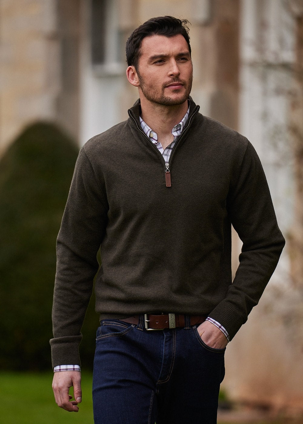 Calton Cotton Cashmere  1/4 Zip Jumper - Loden Green - 6