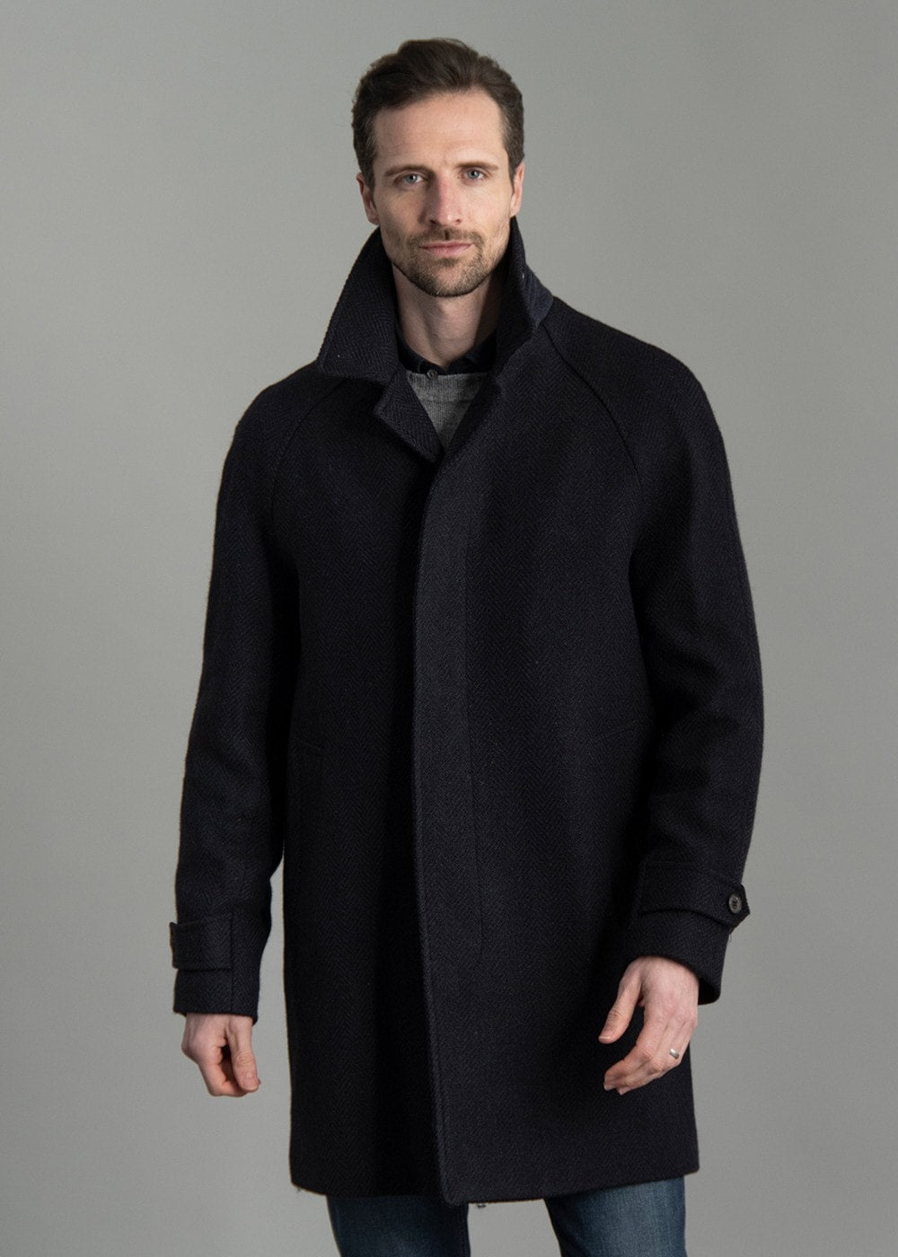 Erne Raglan Coat AW24 - Navy Herringbone - 2