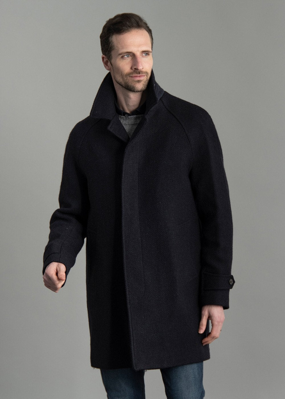 Erne Raglan Coat AW24 - Navy Herringbone - 3