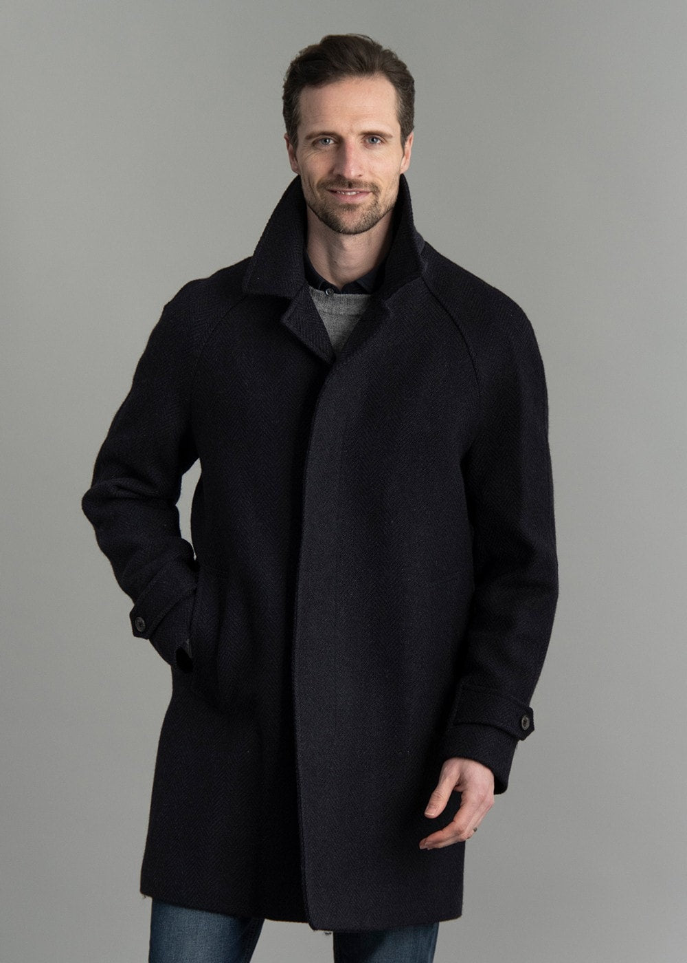 Erne Raglan Coat AW24 - Navy Herringbone - 4