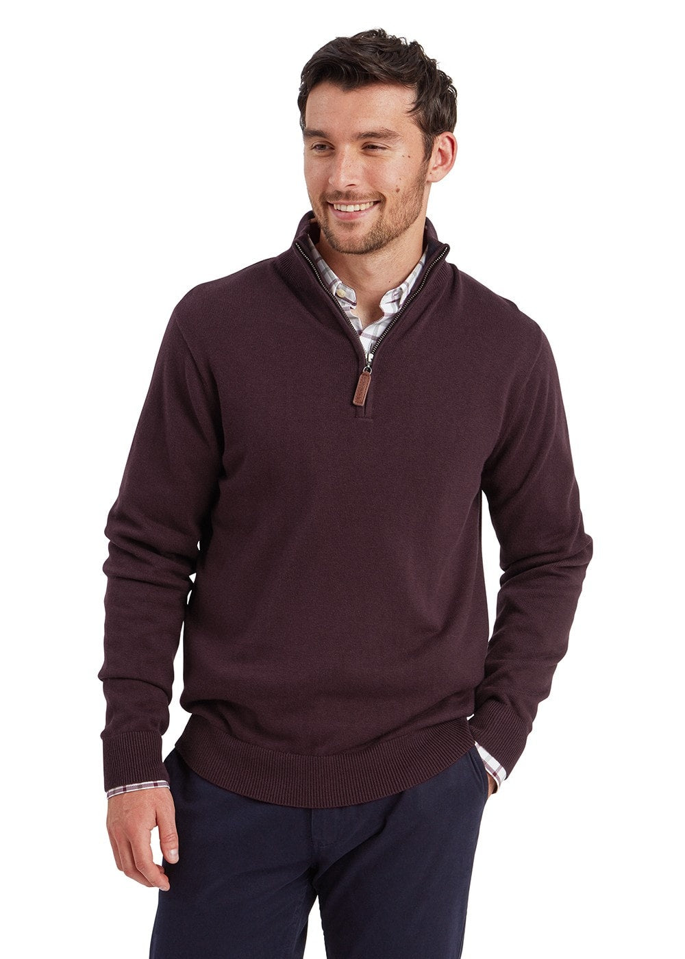 Calton Cotton Cashmere  1/4 Zip Jumper - Wine - 1