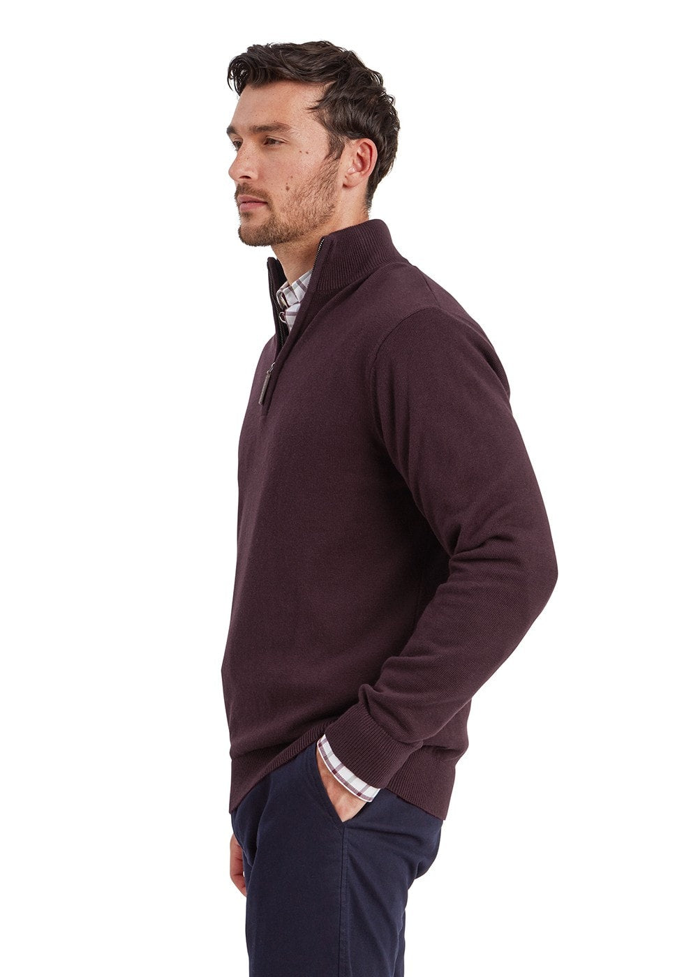 Calton Cotton Cashmere  1/4 Zip Jumper - Wine - 2