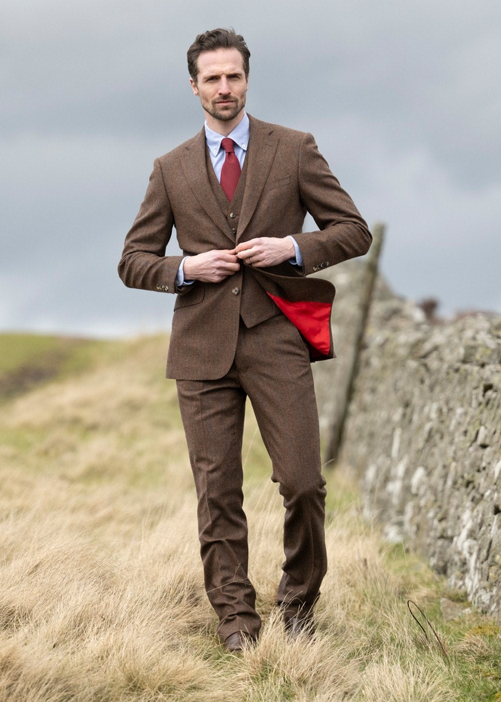 Kimmerston Tweed Jacket - Coffee Twill with Blue and Red Check - 2