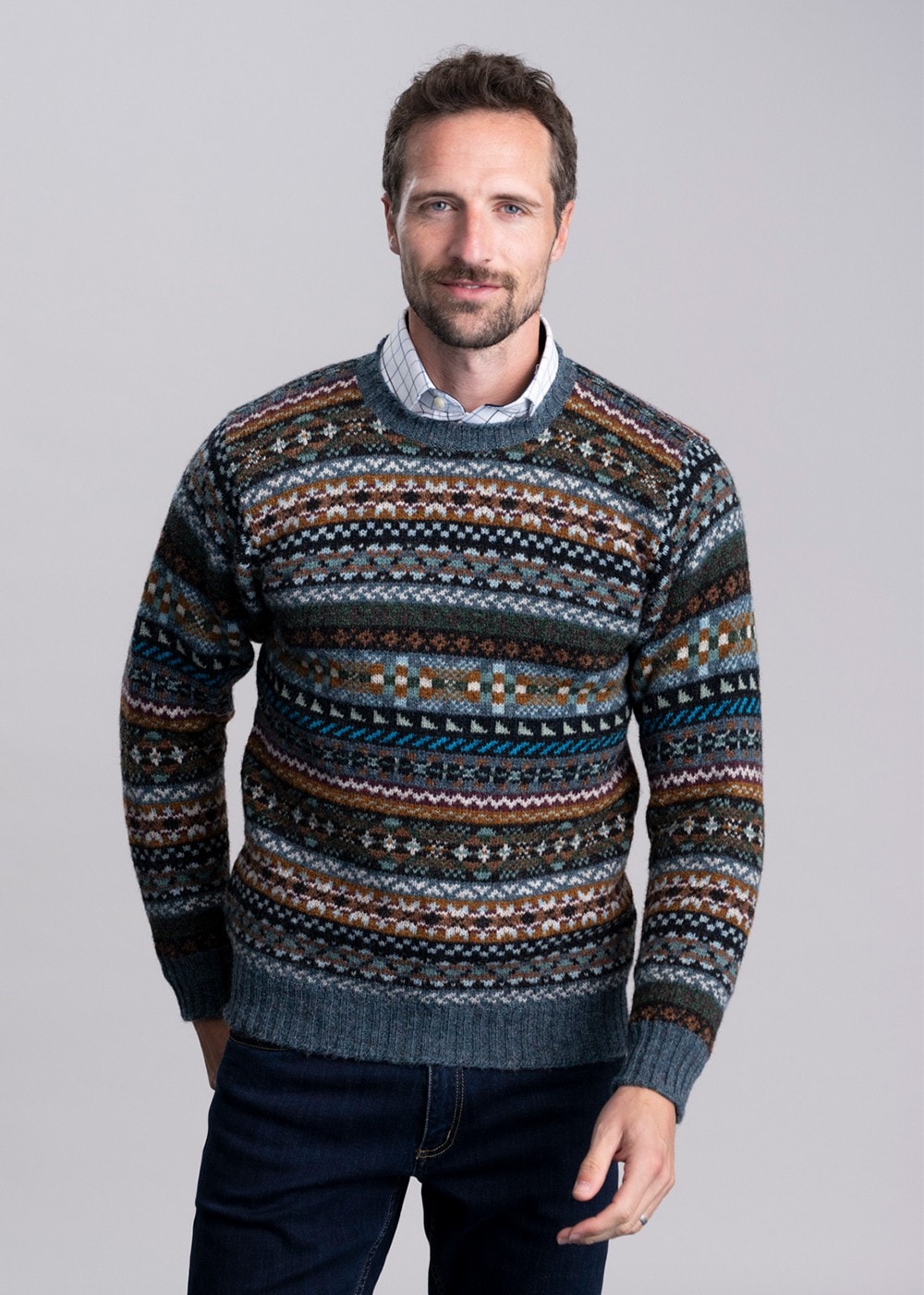 Aith Crew Neck - Teal Fairisle - 1