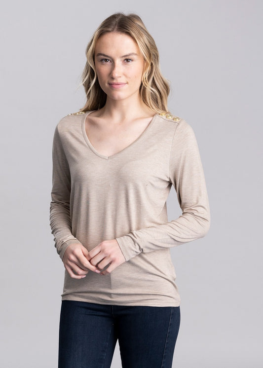 Long Sleeve V-Neck T-Shirt - Oatmeal - 1