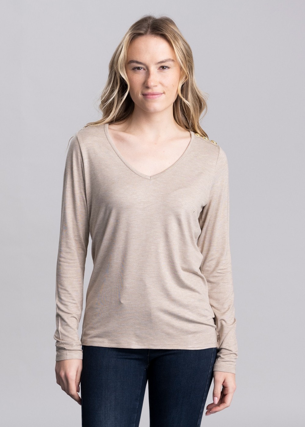 Long Sleeve V-Neck T-Shirt - Oatmeal - 2