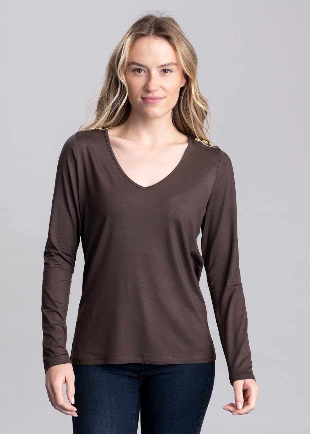 Long Sleeve V-Neck T-Shirt - Coffee - 1