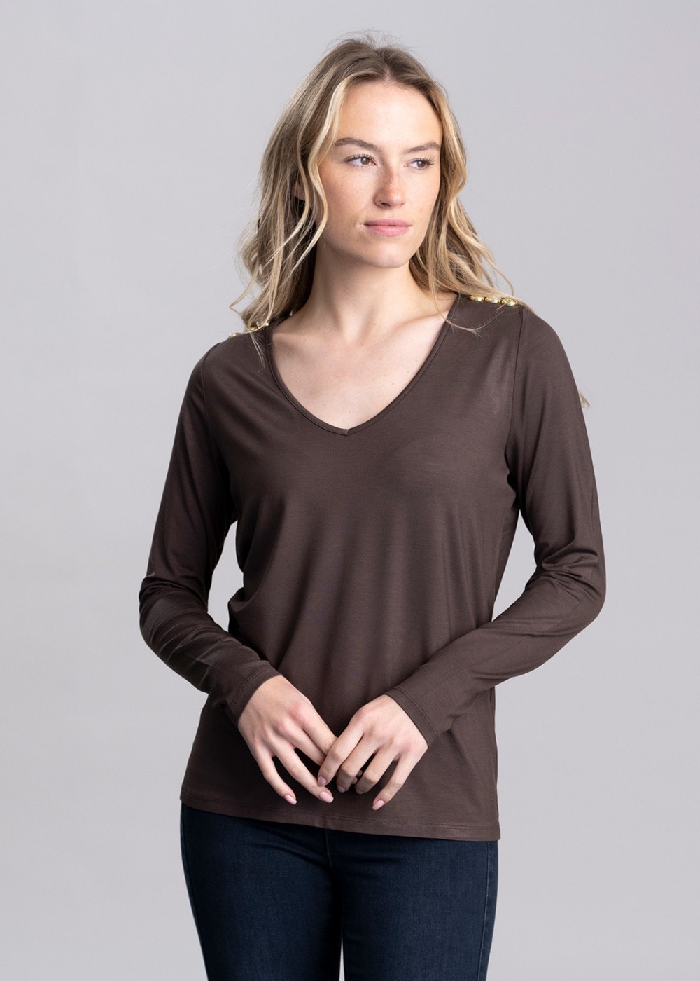 Long Sleeve V-Neck T-Shirt - Coffee - 2