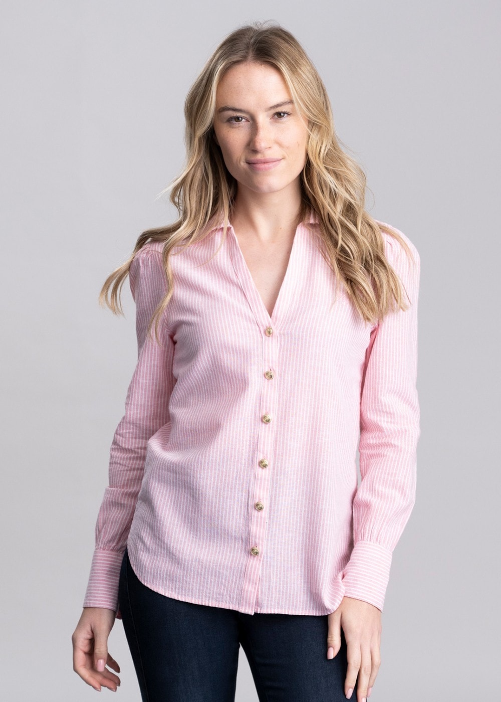 Classic V-Neck Shirt - Pink Stripe - 1