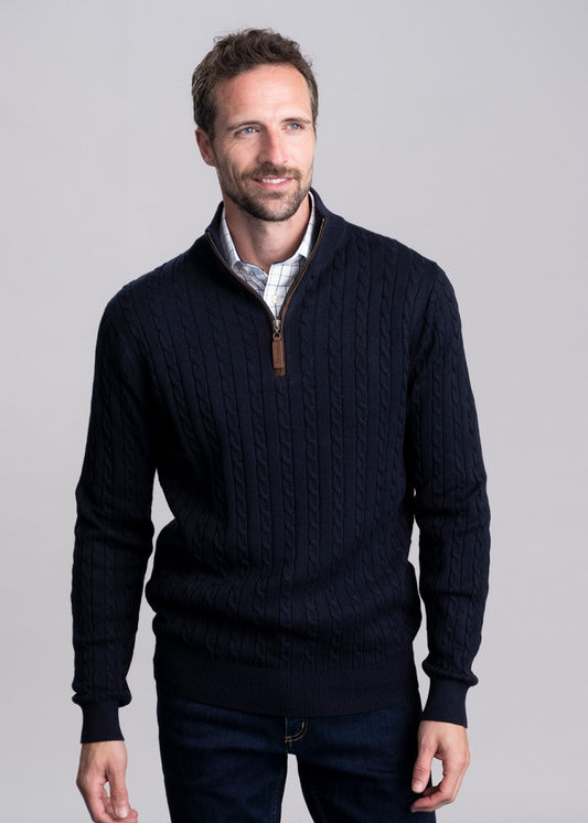 Calton Cotton Cashmere Cable 1/4 Zip Jumper - Navy - 1