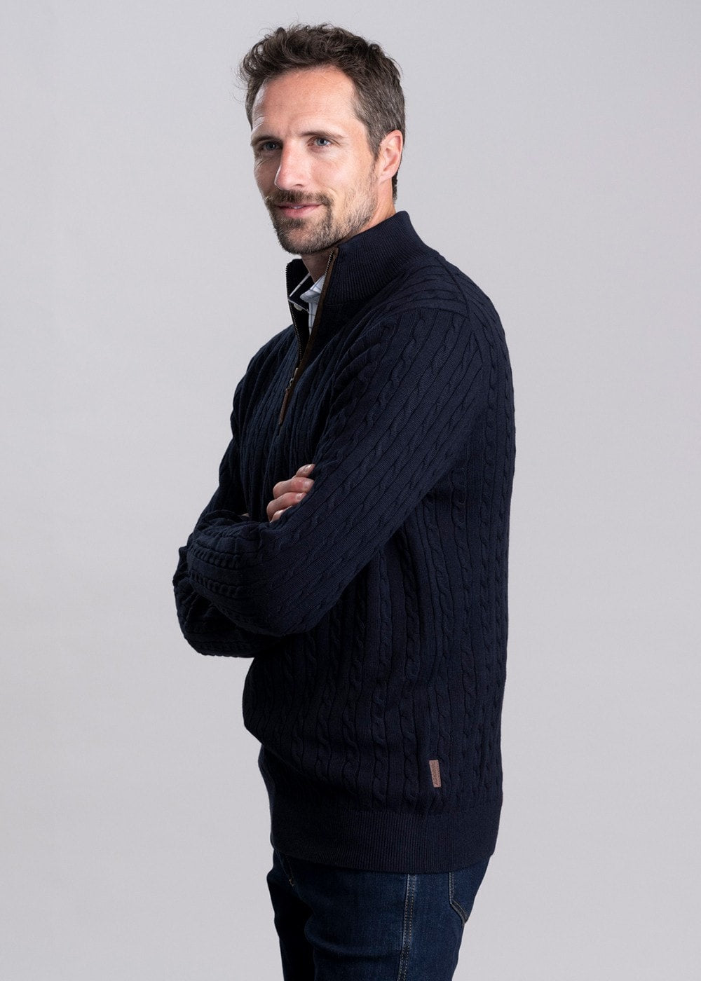 Calton Cotton Cashmere Cable 1/4 Zip Jumper - Navy - 2