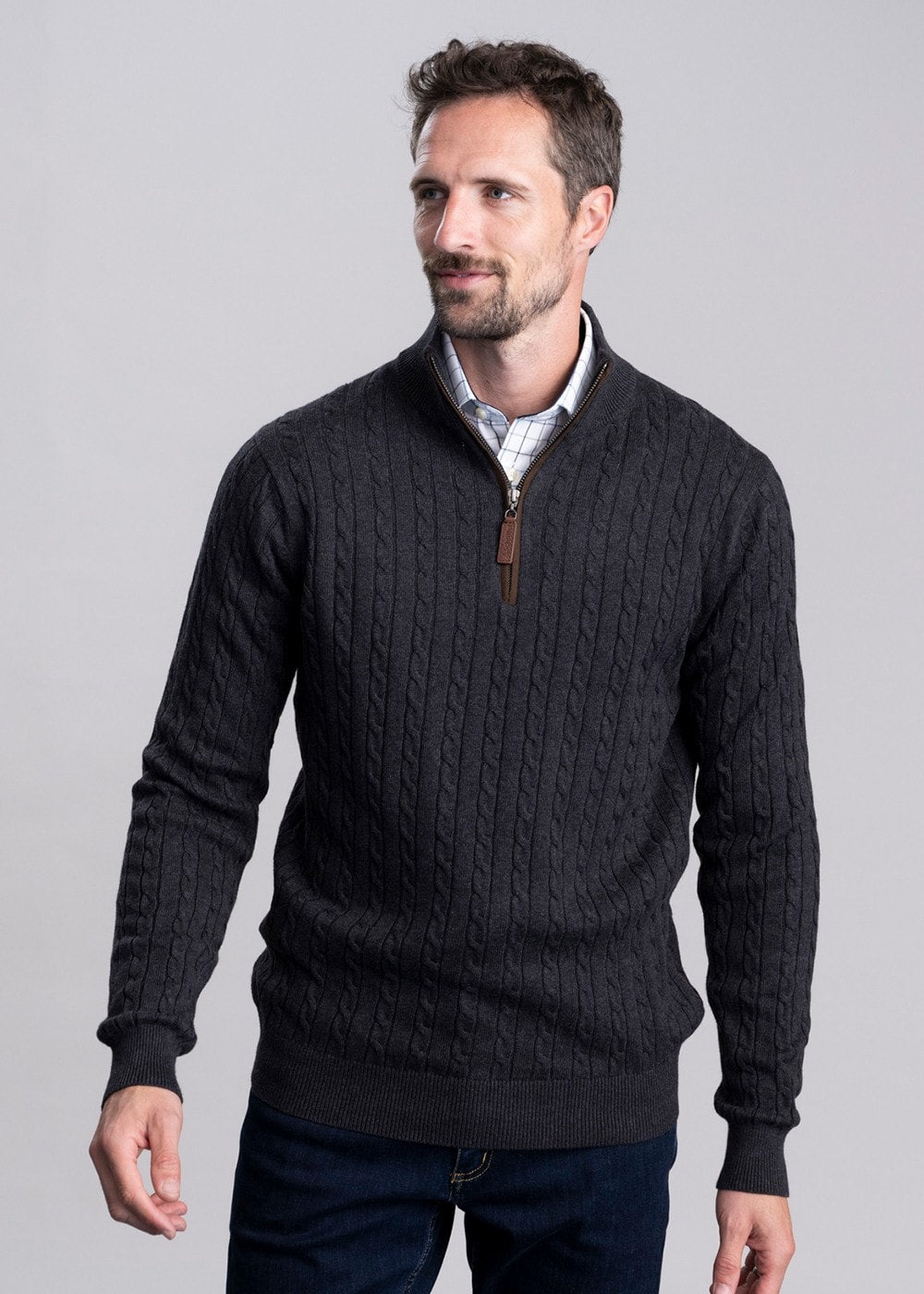 Calton Cotton Cashmere Cable 1/4 Zip Jumper - Charcoal - 4