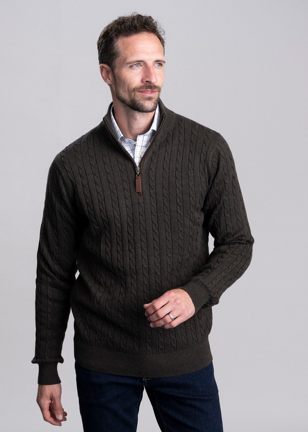 Calton Cotton Cashmere Cable 1/4 Zip Jumper - Loden Green - 1