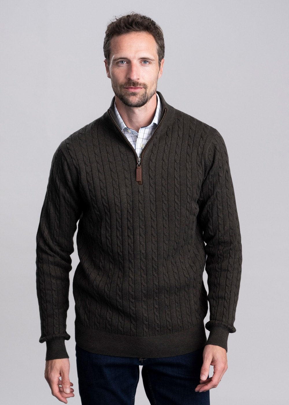 Calton Cotton Cashmere Cable 1/4 Zip Jumper - Loden Green - 4