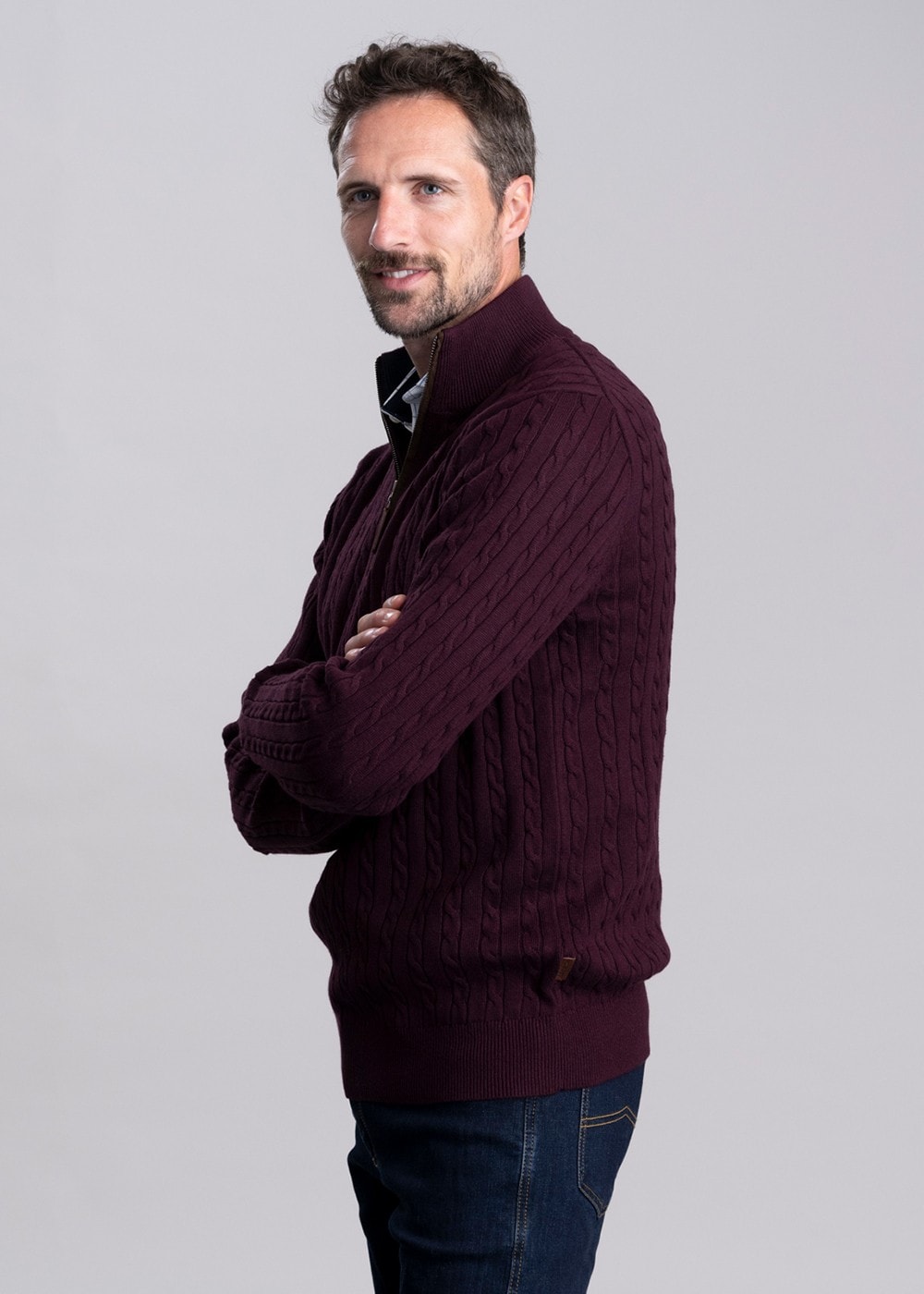 Calton Cotton Cashmere Cable 1/4 Zip Jumper - Wine - 3