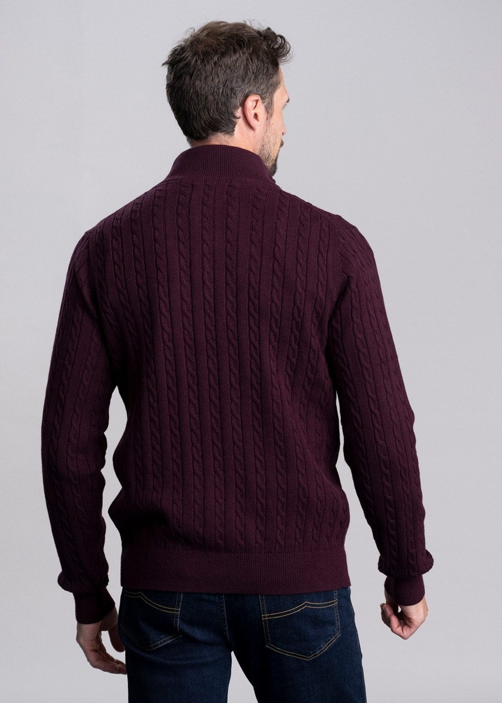 Calton Cotton Cashmere Cable 1/4 Zip Jumper - Wine - 4