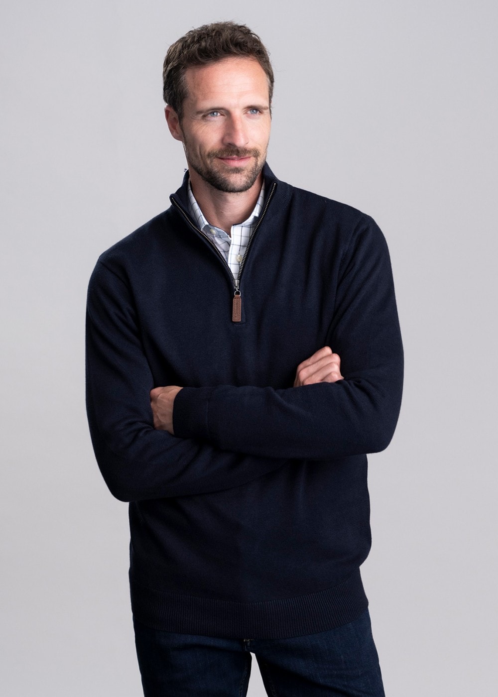 Calton Cotton Cashmere  1/4 Zip Jumper - Navy - 1