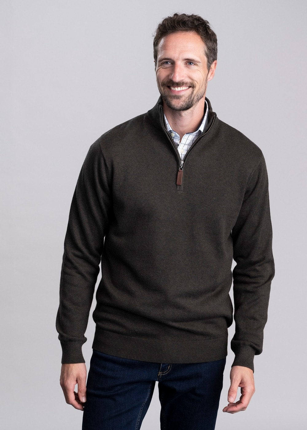 Calton Cotton Cashmere  1/4 Zip Jumper - Loden Green - 1