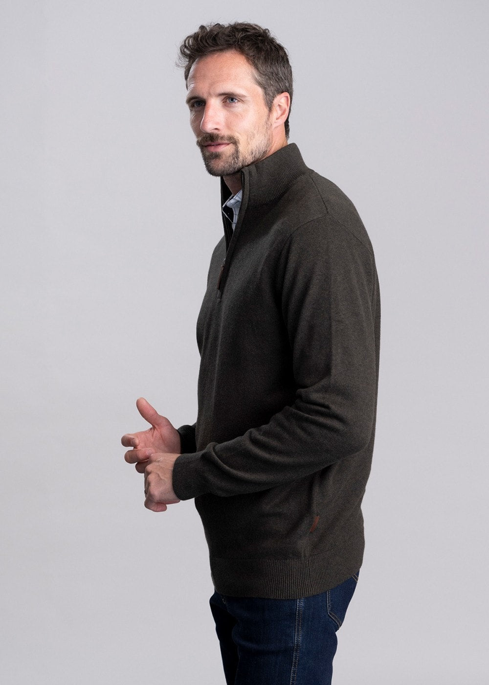 Calton Cotton Cashmere  1/4 Zip Jumper - Loden Green - 2