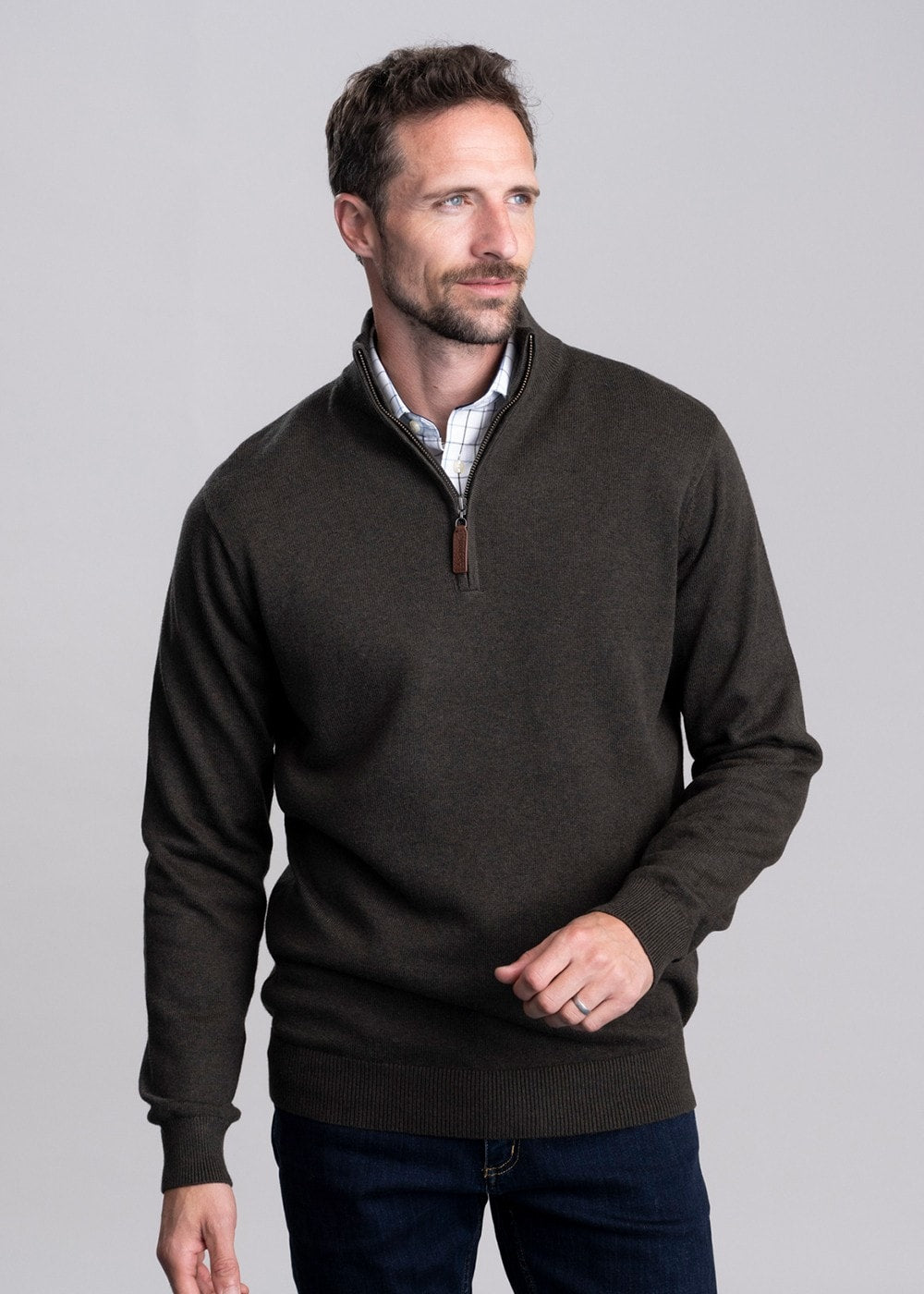 Calton Cotton Cashmere  1/4 Zip Jumper - Loden Green - 4