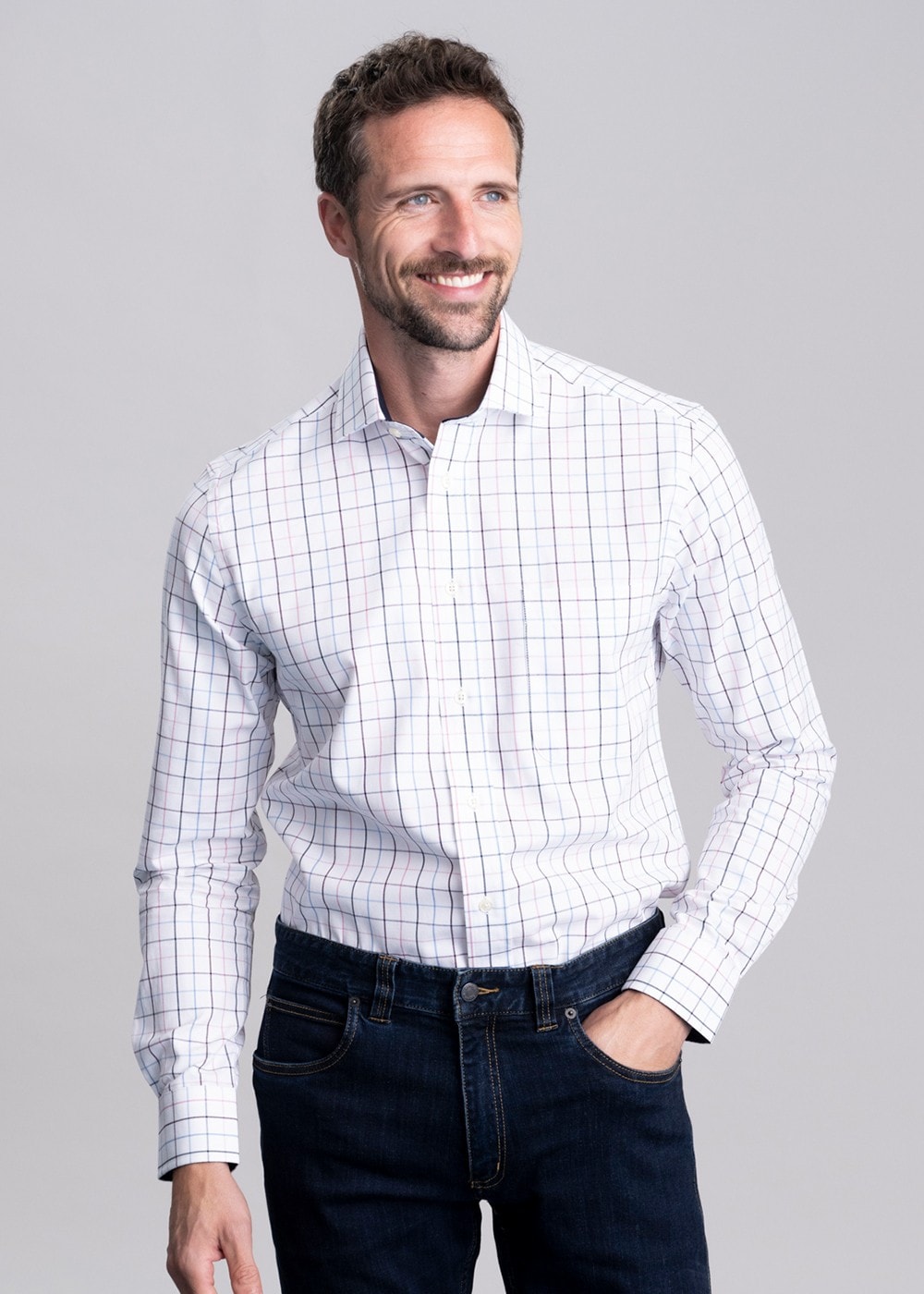 Wells Tailored Shirt - Wine and Navy Check - 1