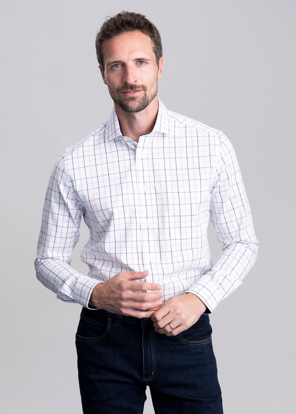 Wells Tailored Shirt - Wine and Navy Check - 2