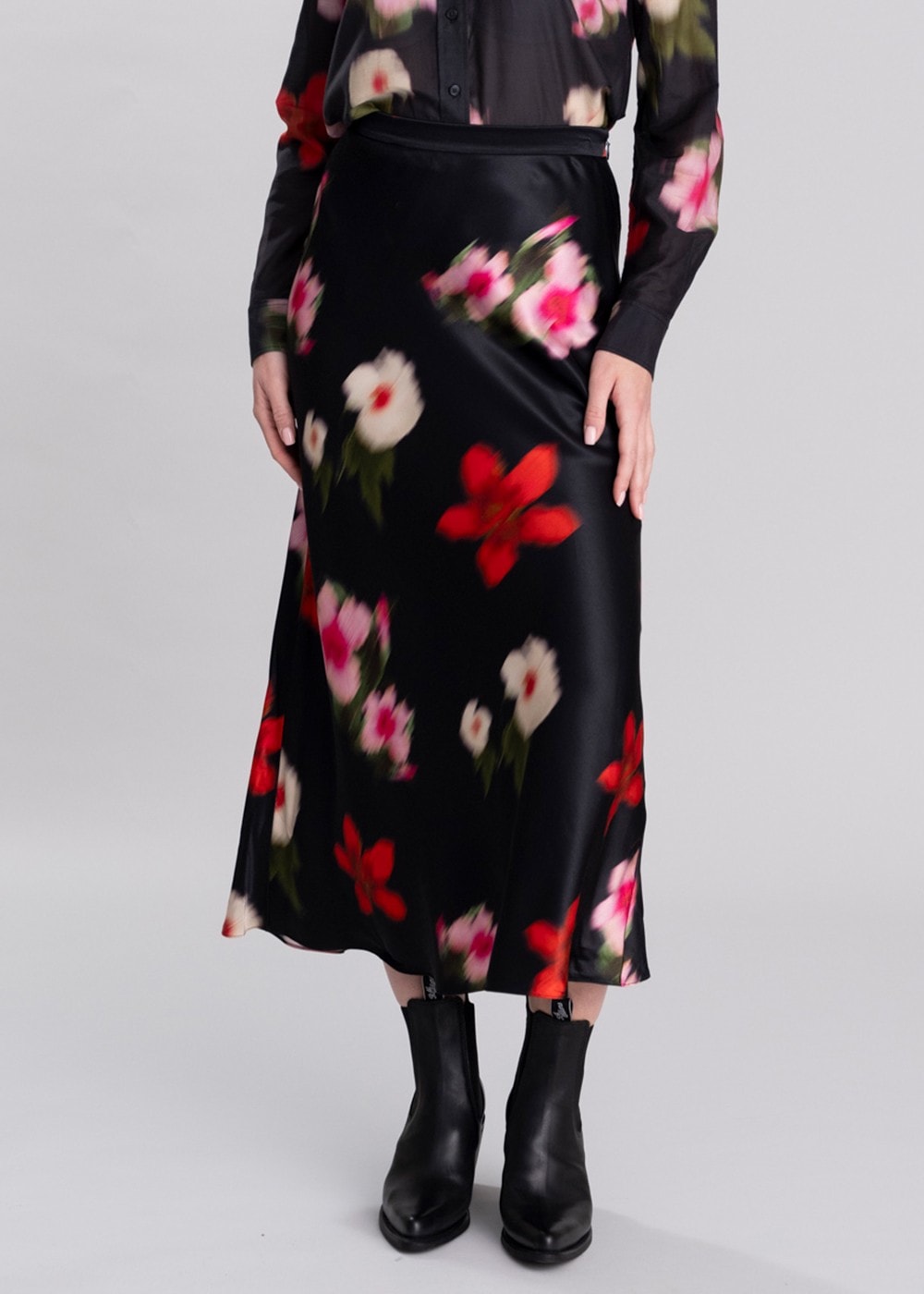 Midi Floral Print A-Line Skirt - Black - 1